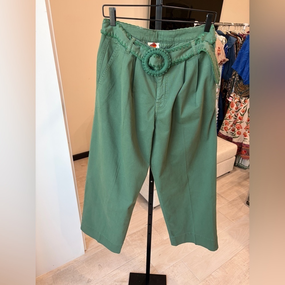 Farm Rio: Green Twill Pleated Wide Pants - Picture 9 of 11